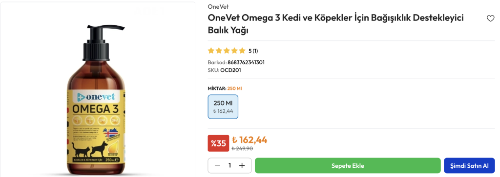 OneVet Omega 3 Kedi ve Köpekler İçin Bağışıklık Destekleyici Balık Yağı